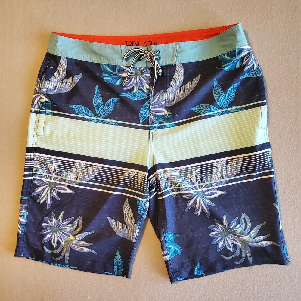Trinity Board Shorts 3 Pocket Men's Size 34 Surfing Blue Green Tropical Print